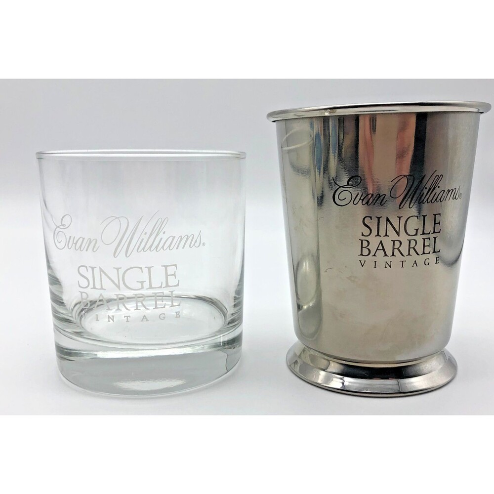 Evan Williams Single Barrel Vintage Bourbon Set Mint Julep Cup Rocks Glass